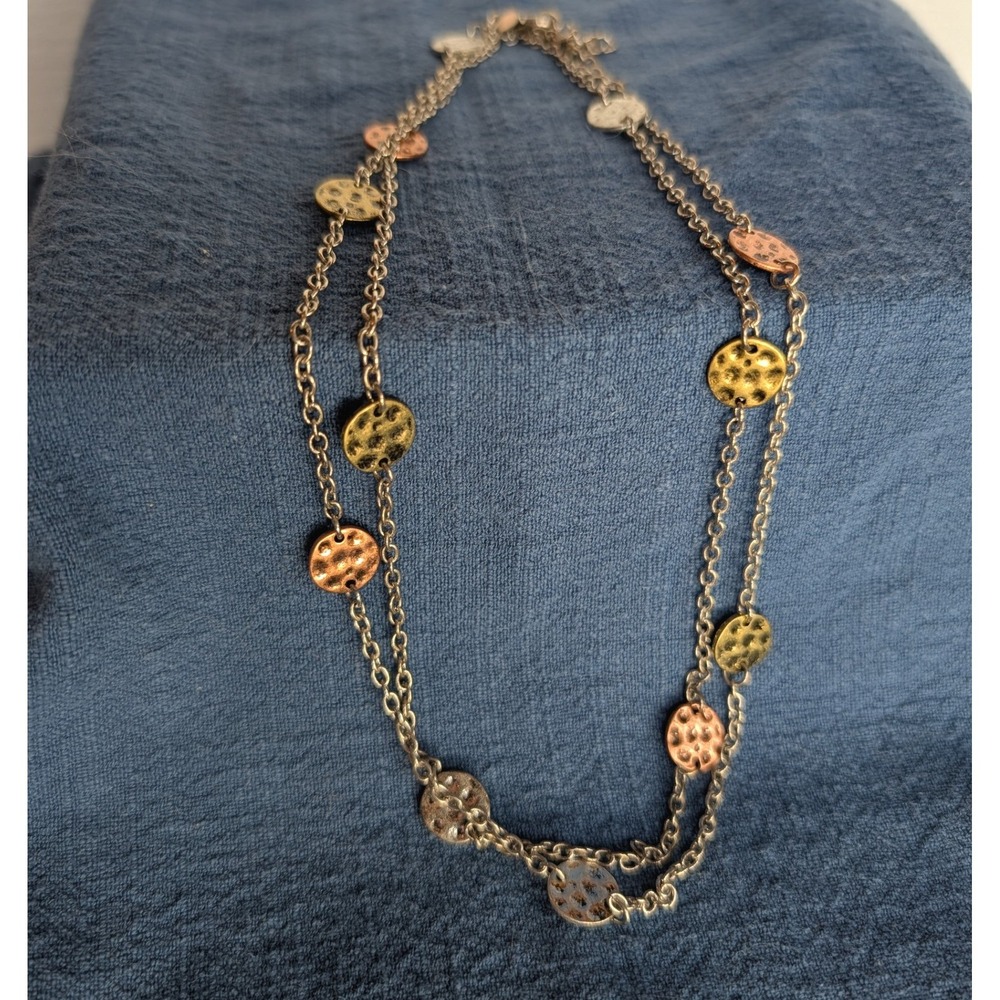 Premier Designs Mixed Metal Hammered Disc‎ Station Necklace Silver Gold Copper